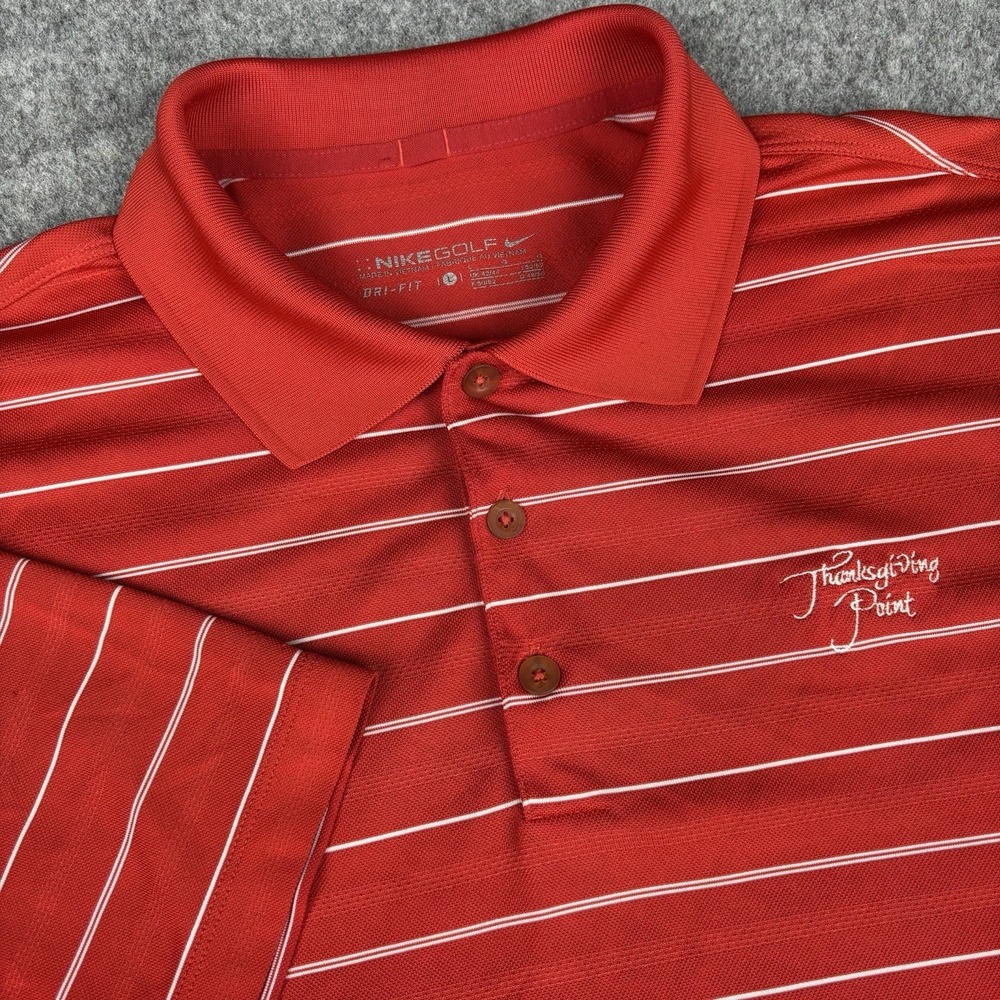 Nike Golf Polo Shirt Mens Large Red White Striped Thanksgiving Point Dri Fit EUC